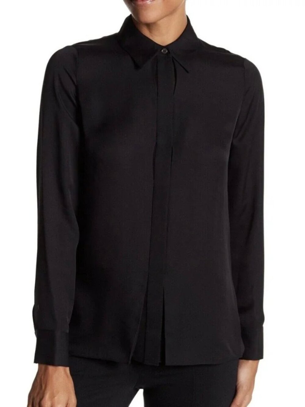 Vince 100% Silk Black Collared Blouse with Hidden Button Front Size 2 - NWOT